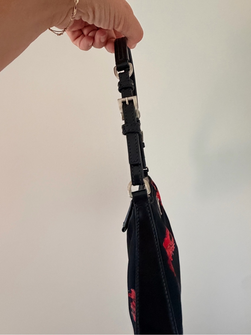 Prada Black Nylon Shoulder Bag with Red Floral Prit - Picture 4 of 7